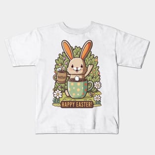 Happy Easter Cute Easter Bunny Floral Egg Hunting Coffee Lover Kids T-Shirt